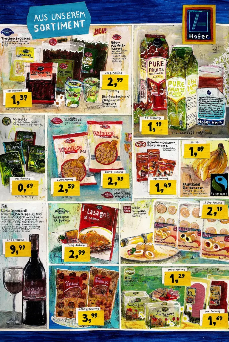 Illustration Aquarell Papercut Collage Aldi Hofer Prospekt mit Produkten und Preisen