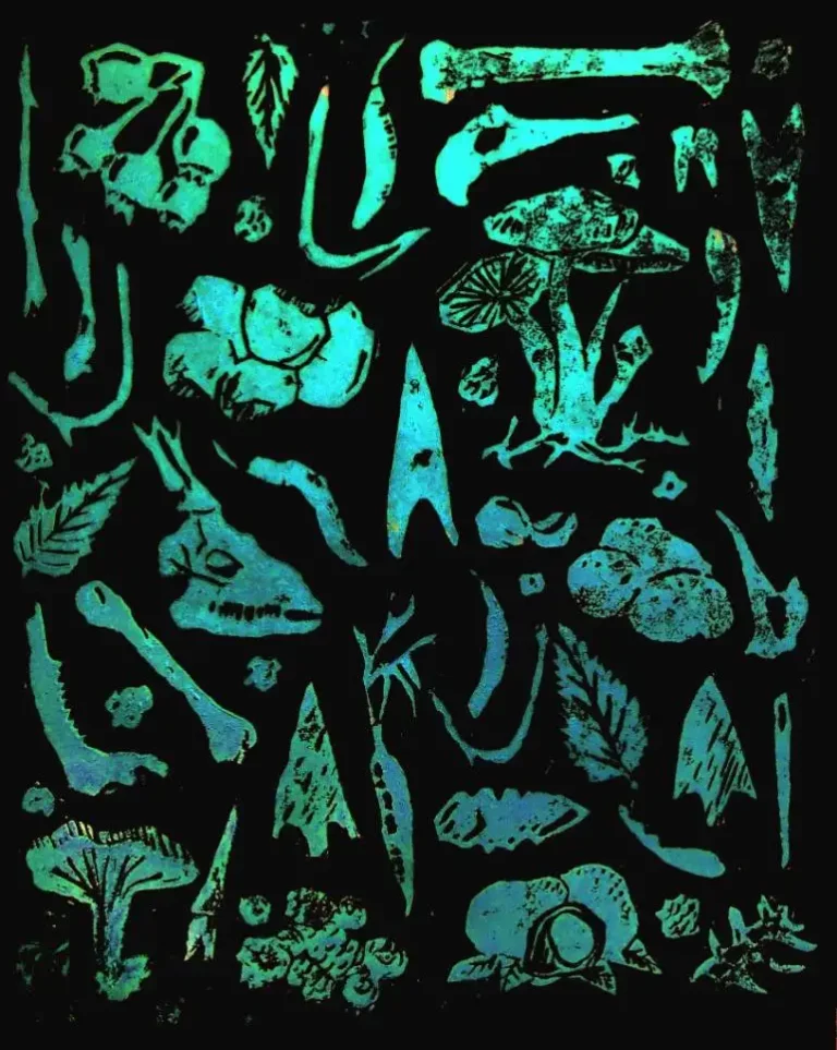 Linoprint of archaic symbols ethnography bones plants hunter gatherer