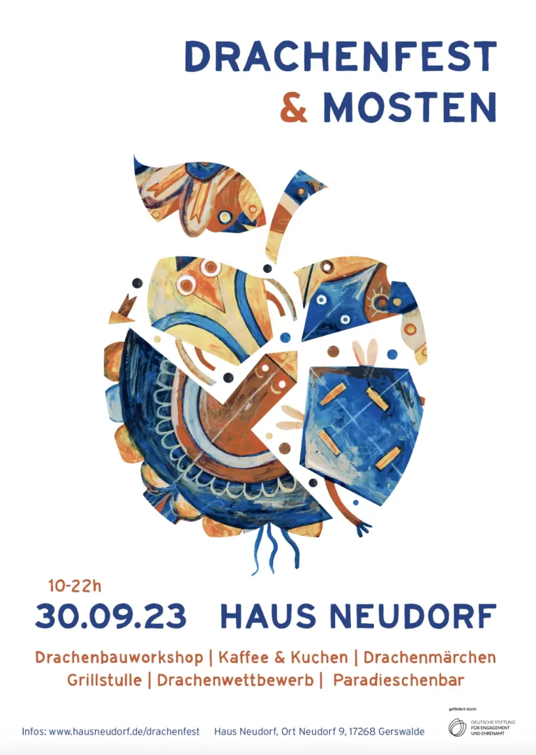 Typography Illustration Graphic Design event poster mosten Drachenfest Uckermark showing an apple made out of kites Haus Neudorf Gerswalde