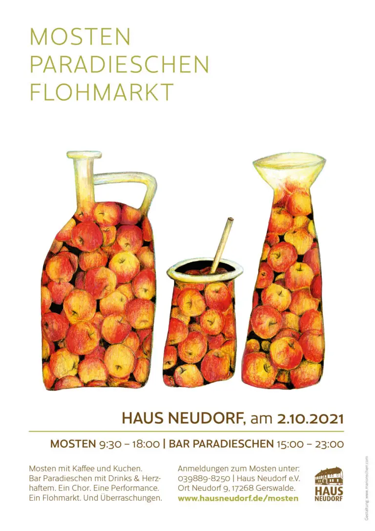 Typography Illustration Graphic Design event poster mosten flea market Uckermark showing several vessels filled with apples Haus Neudorf Gerswalde