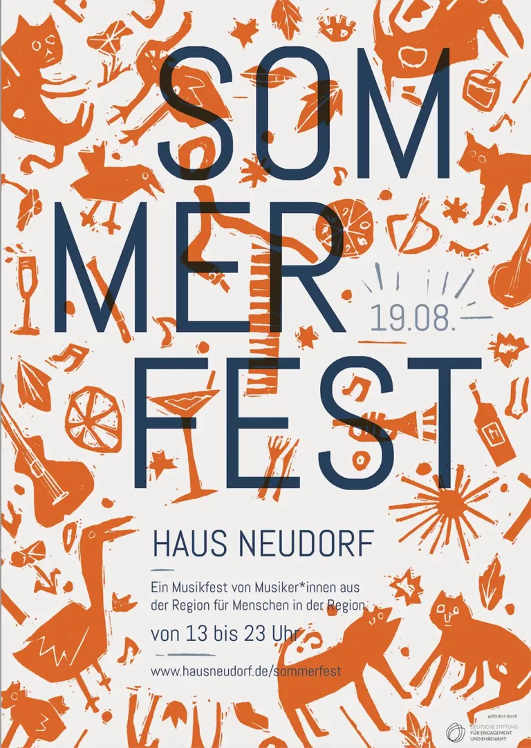 Typography Illustration Graphic Design event poster festival Sommerfest Uckermark linoprint musical instruments animals Haus Neudorf Gerswalde