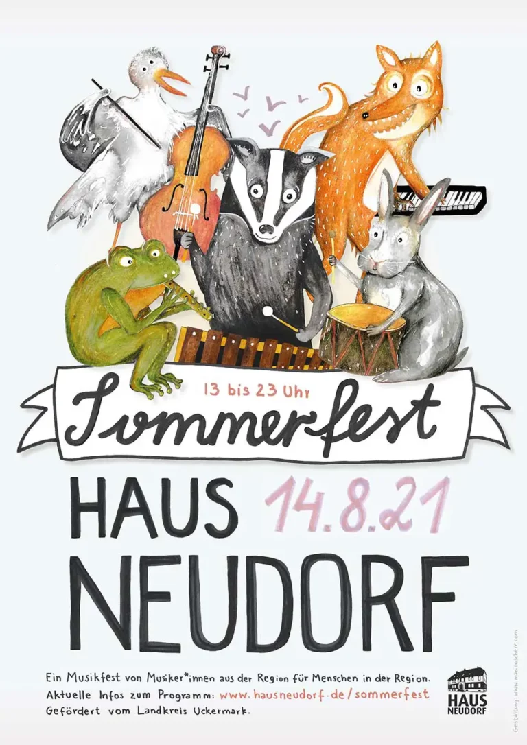 Typography Illustration Graphic Design event poster festival Sommerfest Uckermark showing a group of animals with musical instruments Typography Illustration Graphic Design event poster festival Sommerfest Uckermark linoprint musical instruments animals Haus Neudorf Gerswalde