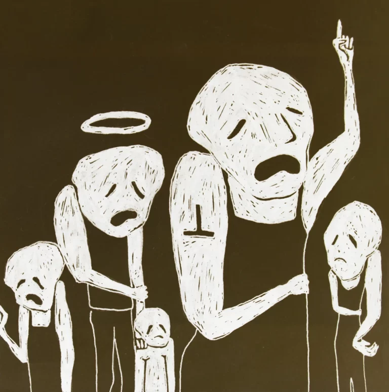 Drawing of five human beings in pain