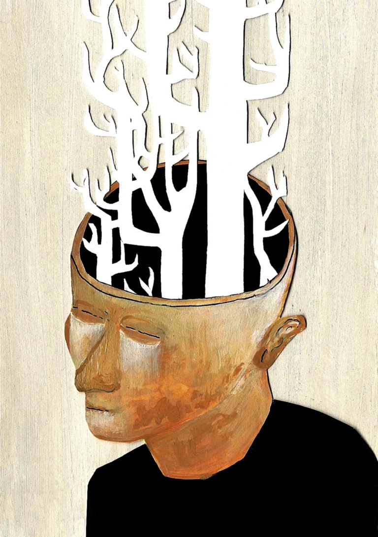 Papercut illustration man with tree branches growing out of his head empty vessel